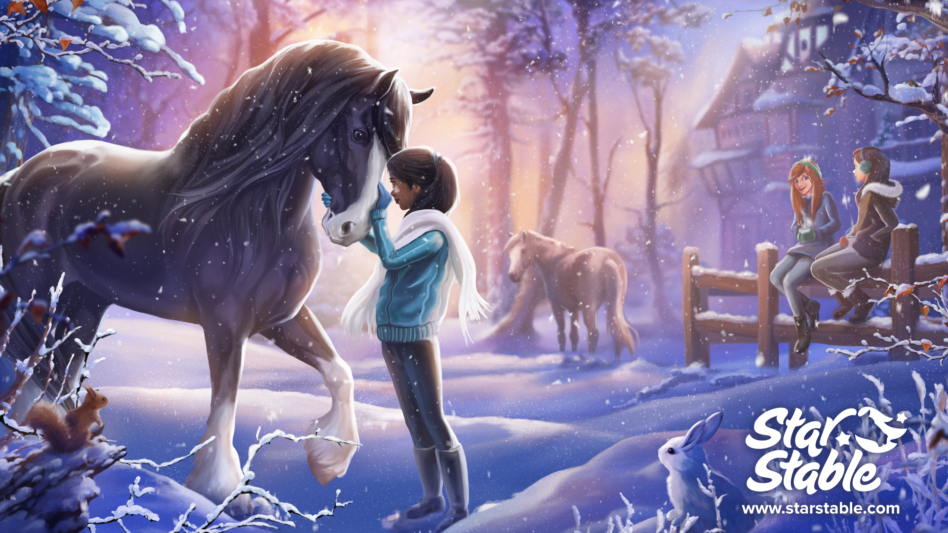 Зимние обои с девочками и лошадьми из игры Стар Стейбл